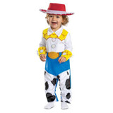 Disguise Disney Pixar Toy Story™ Jessie Deluxe Jumpsuit - Infant, toddler wearing a colorful cowboy costume featuring cow print pants, yellow accents, and a red cowboy hat for themed dress-up.