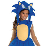 Disguise Sonic the Hedgehog™ Sonic Girl's Costume - Child, a girl wearing a blue Sonic the Hedgehog costume with a plush Sonic headpiece and blue dress with beige belly, suitable for kids' cosplay and themed parties.