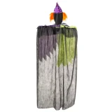 Product A Holiday Company Light-Up 6 Ft. Hanging Clown with Sound Halloween Decoration, spooky clown figure with orange hair and purple hat, dressed in a colorful costume, hanging with a large black and green cape.