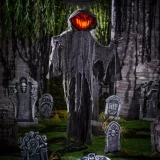 Holiday Company Light-Up 5 Ft. 2" Hanging Flaming Light Pumpkin Man Halloween Decoration, spooky Halloween yard ornament with illuminated pumpkin face and hanging tattered cloth