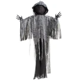 Product A Holiday Company Light-Up 5 Ft. 2" Hanging Flaming Light Pumpkin Man Halloween Decoration, spooky Halloween hanging pumpkin man decoration with glowing lights and tattered costume.