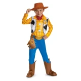Disguise Toy Story Woody Disney Pixar's Deluxe Costume for Child, boy dressed as Woody with cowboy hat, checkered shirt, cowboy boots, and sheriff badge.
