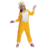Disguise Sonic the Hedgehog Tails Hooded Jumpsuit Costume - Child, child girl wearing a bright yellow Sonic the Hedgehog Tails character hooded jumpsuit costume with a white belly, white gloves cuffs, and a matching Tails mask hood, smiling and waving.