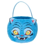 Disguise KPop Demon Hunters™ Derpy Treat Pail - 10 x 15 inches, blue plush treat pail designed as a cartoon cat with yellow eyes, pink nose, and sharp teeth for Halloween or cosplay.