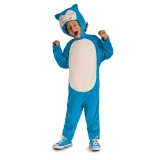 Distortions Pokémon Snorlax Jumpsuit Costume - Toddler, young child dressed in a blue and white Snorlax Pokémon jumpsuit costume with a hood featuring Snorlax's face, celebrating and smiling.