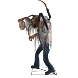 Morris Animated 6 Ft. 10" Spider Monster Dr. Fangor Halloween Decoration, a tall animated spider monster with a man body, large black and brown spider legs, and a creepy skull face with blood splatters and tattered clothing.