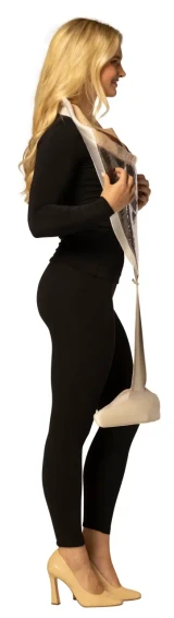 Rasta Imposta Espresso Martini Glass Tunic Costume - Adult, woman in black leggings, beige high heels, holding a clear plastic cup with a printed espresso martini glass design, wearing a costume tunic with an espresso martini design, side view.