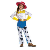 Disguise Toy Story™ Jessie Deluxe Disney Pixar Jumpsuit Costume -Child, Girl dressed as Jessie from Toy Story with cowgirl hat, colorful jumpsuit, cow-print pants, and cowboy boots.