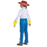 Disguise Toy Story 5™ Sheriff Jessie Disney Pixar Jumpsuit Costume- Child, Child wearing a Sheriff Jessie Toy Story costume with a red hat, white shirt, and blue pants, standing with back facing the camera.
