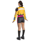 Dracula House KPop Demon Hunters™ Rumi Hero Look Deluxe Costume-Adult, back view of a person wearing a colorful racing-inspired jacket, black shorts, knee-high socks, and platform shoes.