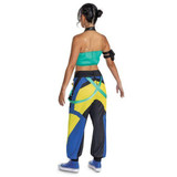 Disguise KPop Demon Hunters™ Zoey Hero Look Deluxe Costume - Adult, front view of a child wearing a colorful costume with baggy pants, teal tube top, and accessories for a hero or demon hunter cosplay.