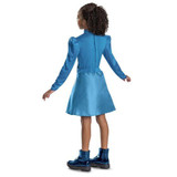 Disguise Descendants 5: Wicked Wonderland™ Chloe Dress Classic Costume-Child, image of a young girl wearing a vibrant blue dress with puffed sleeves and shiny blue boots, facing away.