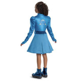 Disguise Descendants 5: Wicked Wonderland™ Chloe Dress Deluxe Costume-Child, girl in bright blue dress with a castle emblem on the back, puffy sleeves, and shiny blue boots, front view.