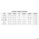 Disguise Power Rangers Red Beast Morphers Child Costume, size chart for babies and toddlers showing measurements for chest, waist, hip, inseam, height, and weight.