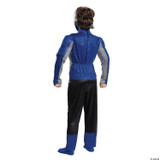 Disguise Power Rangers Blue Beast Morphers Muscle Child Costume, front view of a child wearing a blue and gray muscle costume with a hood and matching blue boots, viewed from the back.