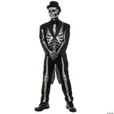Underwraps Bone Chillin Costume - Adult, a person dressed in a skeleton costume with a skull face paint, black hat, and black shoes, suitable for Halloween or themed parties.