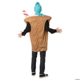 Rasta Imposta Cold Brew Coffee Costume - Adult, person wearing a humorous coffee cup costume with coffee bean design, straw and blue hat, side view showing back of costume.