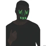 Fun World Illumo String Facemask, glowing green LED mask with a skull design that features neon lights on the eyes and mouth, worn by a person in dark clothing.
