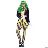 Leg Avenue Wicked Trickster Adult Costume, a colorful and vibrant jester-inspired outfit featuring green wig, striped pants, and a purple velvet coat with yellow accents perfect for Halloween or themed parties.
