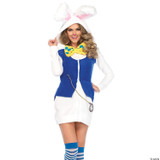 Leg Avenue Cozy White Rabbit Costume - Adult, woman dressed in a white and blue rabbit-themed costume with a hood featuring rabbit ears, striped blue and white knee-high socks, yellow bow tie, and face makeup with whiskers and a pink nose for a fun and playful look.
