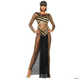 Leg Avenue Nile Queen Costume Adult, a woman wearing a black and gold Egyptian style costume with sheer fabric, gold accents, and a black pleated skirt with gold high heels.