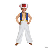 Disguise Super Mario Bros.™ Toad Deluxe Costume Child, child boy wearing Toad costume with large mushroom headpiece, blue vest with gold trim, beige long-sleeve shirt, and white pants, smiling.