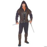 Underwraps Assassin's Costume Plus Size - 2XL- Adult, a man dressed as an assassin in a brown leather-like vest with buckle details, black pants, tall brown boots, and a hooded cloak, holding a sword and a dagger.