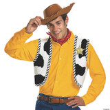 Disguise Woody Toy Story Kit Adult, a man dressed as Woody from Toy Story wearing a cowboy hat, yellow shirt, cow-print vest, and sheriff badge for costume and cosplay.
