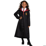 Disguise Harry Potter Gryffindor Robe Classic - Child, a young girl wearing a black Hogwarts school robe with red lining and a Gryffindor crest, styled after Harry Potter's costume.