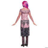 Disguise Audrey Descendants 3 Girl's Classic Costume, front view of a girl wearing a pink and black themed character dress with a long skirt, printed details, and sheer sleeves, paired with dark shoes and vibrant pink and blue hair.