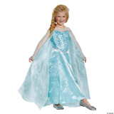 Disguise Elsa Prestige Child Costume - Frozen, young girl wearing a blue and silver princess dress inspired by Elsa from Frozen with a sparkling bodice and flowing cape.