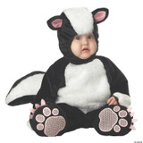 Incharacter Lil Stinker Skunk Costume, adorable baby dressed in a plush black and white skunk onesie with soft tail, hood with skunk face and ears, and paw-shaped foot coverings.