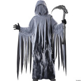 California Costumes Soul Taker Costume Child, spooky ghostly robe with jagged black and white design and a skull motif, complete with a large gray hood and swingable black gloves, perfect for Halloween or costume parties.