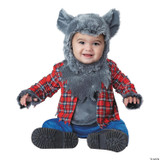 California Costumes Baby Wittle Werewolf Costume Toddler, adorable toddler wearing a fluffy grey werewolf costume with ears and face hood, red plaid shirt, and grey pants, sitting on the floor with a white background.