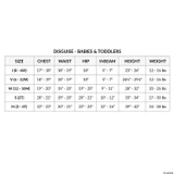 Disguise Elmo Deluxe Plush Costume - Sesame Street, size chart for babies and toddlers showing chest, waist, hip, inseam, height, and weight measurements.