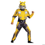 Disguise Transformers Bumblebee Classic Muscle Child Costume, yellow and black superhero costume with helmet and mask featuring robotic details for kids.