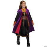 Disguise Anna Deluxe Child Costume - Frozen 2, young girl dressed as Princess Anna from Frozen 2 in a detailed purple, black, and brown costume with cape, boots, and costume accessories.