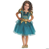 Disguise Merida Classic Child Costume - Brave, girl in a detailed teal and gold princess dress with puffed sleeves, gold accents, and a tulle skirt, ideal for dress-up or costume parties.