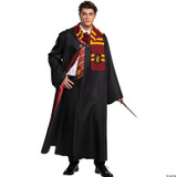 Disguise Harry Potter Gryffindor Deluxe Robe for Adults, detailed black robe with Gryffindor crest, red and gold scarf, and tie, suitable for cosplay or Halloween costume.