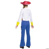 Disguise Jessie Classic Costume - Toy Story - Adult, Back view of a woman wearing a Jessie costume with a red cowboy hat, white shirt with yellow cuffs, blue pants, and cow print accents.