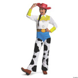 Disguise Jessie Classic Costume - Toy Story - Adult, a woman dressed as Jessie from Toy Story wearing a cowgirl outfit with a red hat, yellow accents, blue belt, and cow print pants.