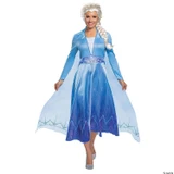 Disguise Elsa Deluxe Adult Costume - Frozen 2, a woman dressed as Elsa in a blue gown with a cape, long white braid, and silver shoes, representing the character from Frozen 2.