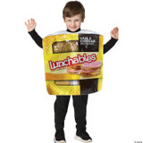 Rasta Imposta Kraft Lunchables Kids Costume, child dressed in a large Lunchables food package costume featuring ham, cheddar, crackers, and mini sandwiches design