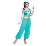 Disguise Jasmine Aladdin Classic Deluxe Women's Costume, turquoise off-shoulder top with gold accents, matching turquoise pants, and gold high heels worn by a smiling woman with headband.