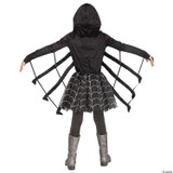 Fun World Sparkling Spider Child Costume, a black costume with a hood, spider web design on the skirt, and spider wing details for kids' Halloween or dress-up.