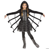 Fun World Sparkling Spider Child Costume, a girl dressed in a black spider-inspired costume with a web design and wings, perfect for Halloween or costume parties.