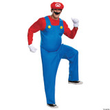 Disguise Mario Brothers Deluxe Costume - Adult, Man dressed as Mario in red and blue costume with hat, fake mustache, and gloves, posing in a playful stance.