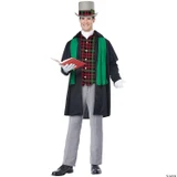 California Costumes Holiday Caroler Costume Men's Medium, man dressed as a holiday caroler with a top hat, plaid shirt, green scarf, black coat, grey pants, and holding a book.