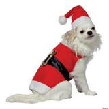 Rasta Imposta Santa Dog Costume, festive white dog wearing a red Santa suit with black belt and gold buckle, and a red Santa hat with white trim and pom-pom.