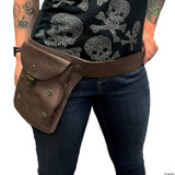 HMS Steampunk Gear Studded Utility Belt, brown leather belt with steampunk gear accents and a matching leather pouch with similar gear decorations worn around waist.